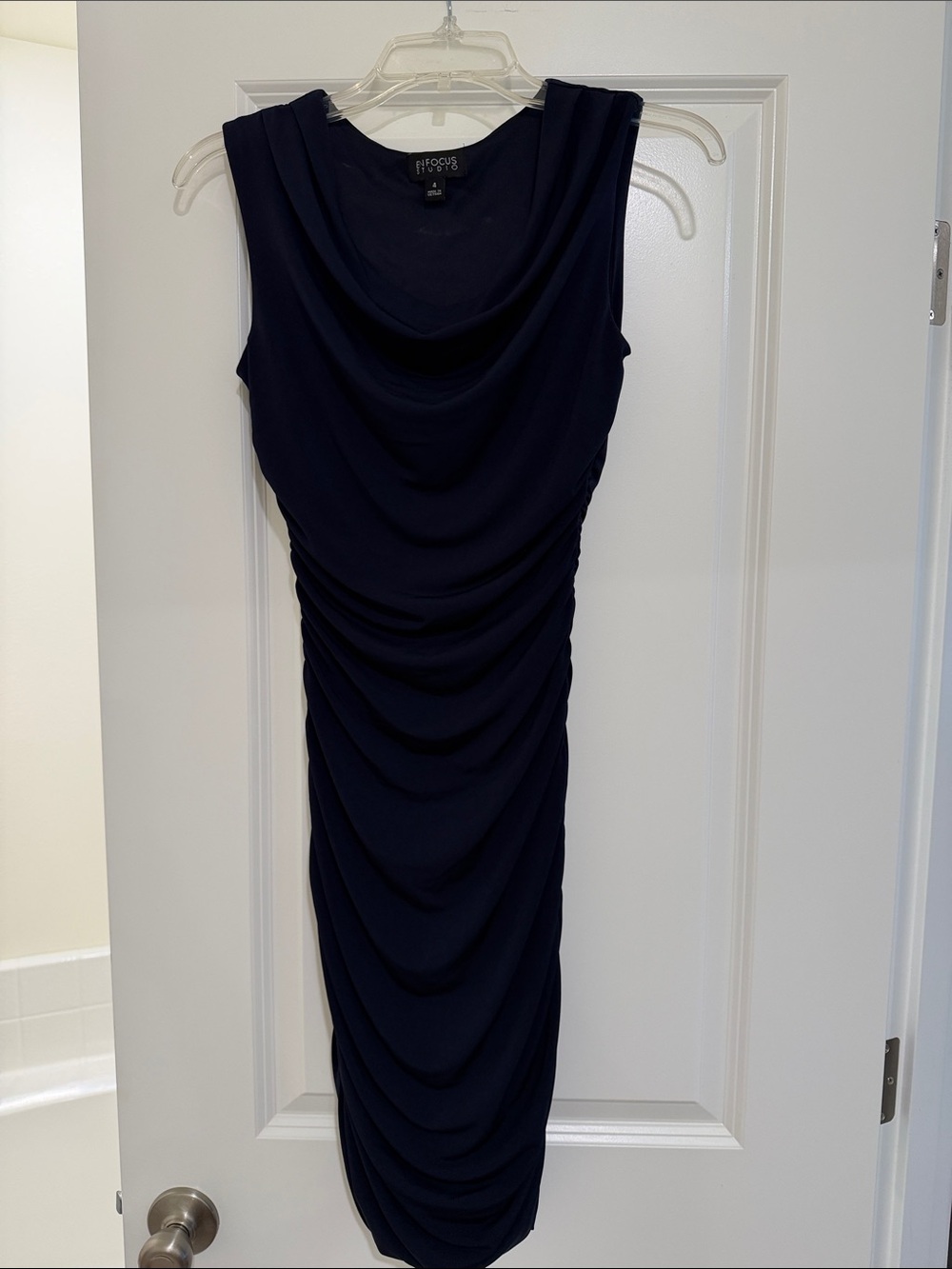 Enfocus Studio Navy Ruched Cowl Midi Dress